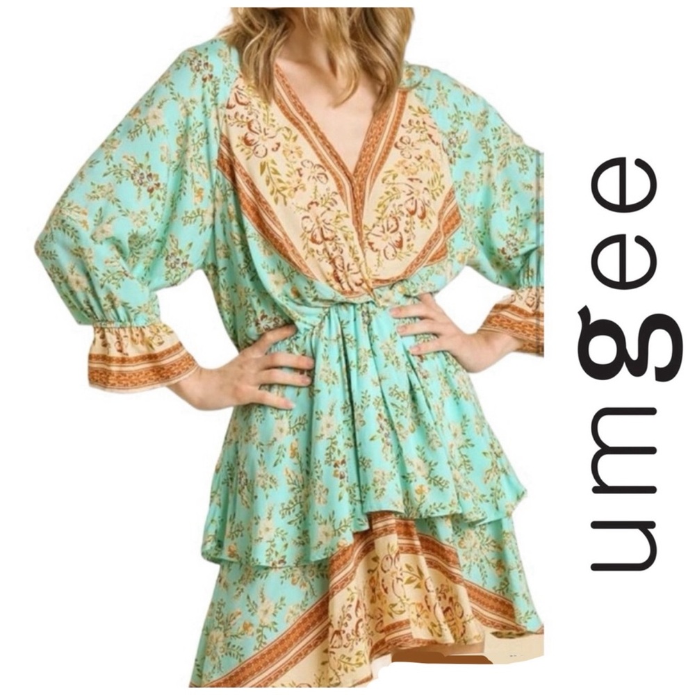 UMGEE Floral Layered Mint Boho Dress Medium